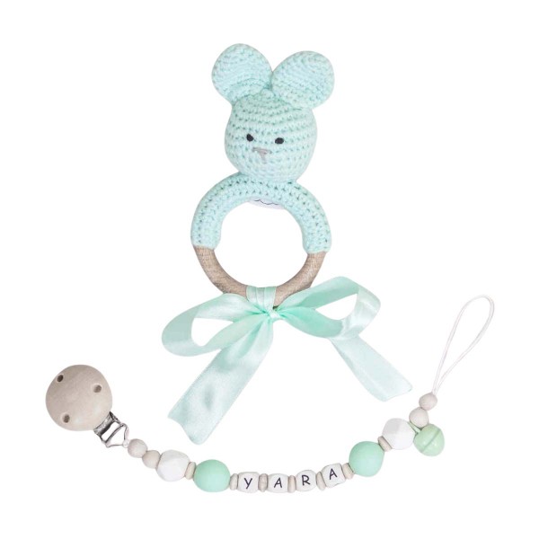 Geburtsgeschenk Nuggikette &amp; Rassel Hase, Mint