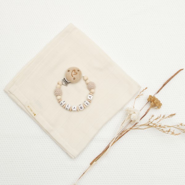 Muslin &amp; Chaîne de sucettes avec nom, Beige
