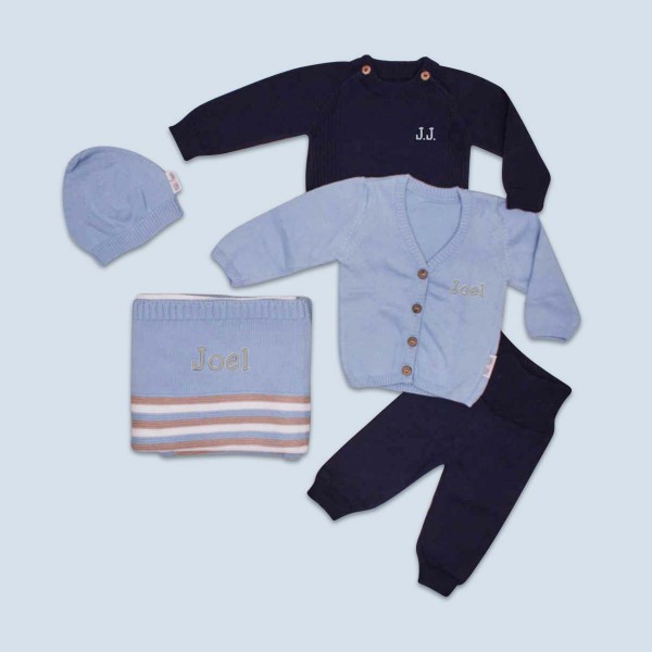 Sweater with Trousers, Cardigan, Bonnet &amp; Blanket, Blue