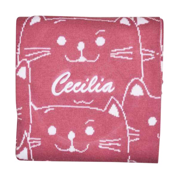 Knitted blanket with kitten pattern, berry red