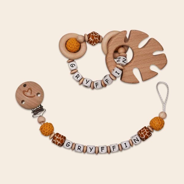 Ensemble 2 pièces, chaîne à lolette et hochet avec perles au crochet, Safari