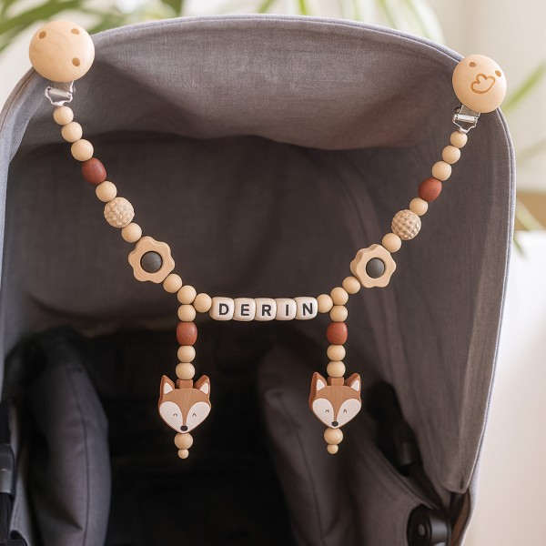 Pram chain, Fox & Wooden flower, personalised