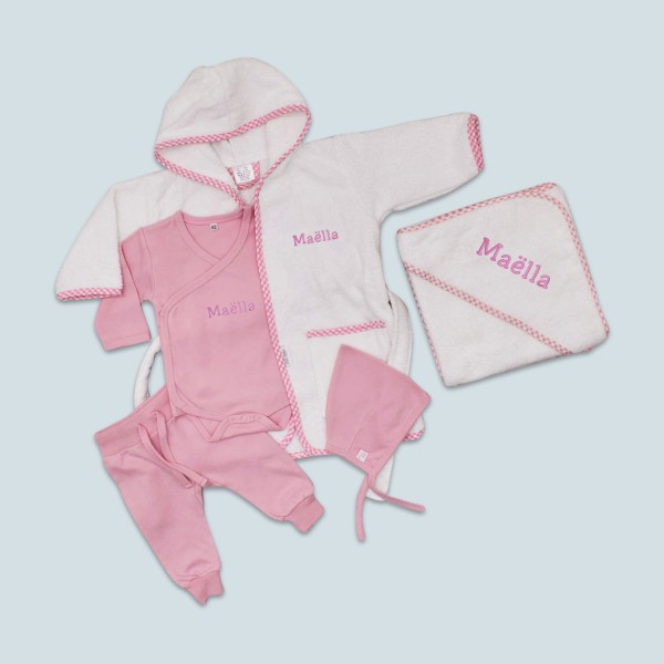 Bathrobe &amp; Hooded Towel with Baby Clothes, Pink