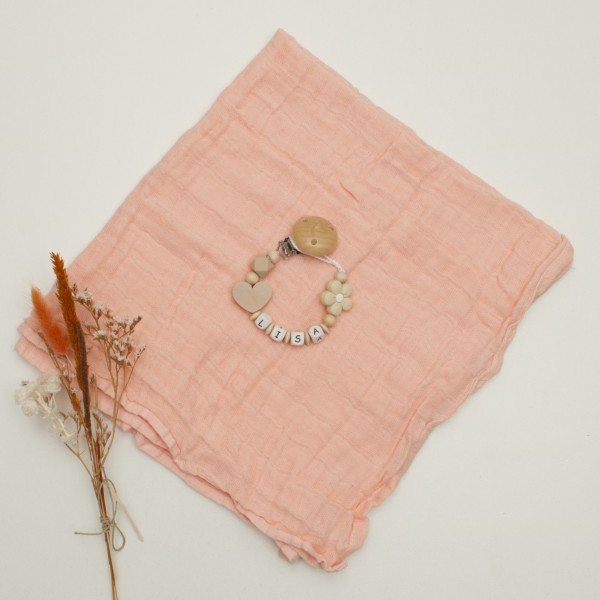 Swaddle &amp; pacifier chain with name, Rose