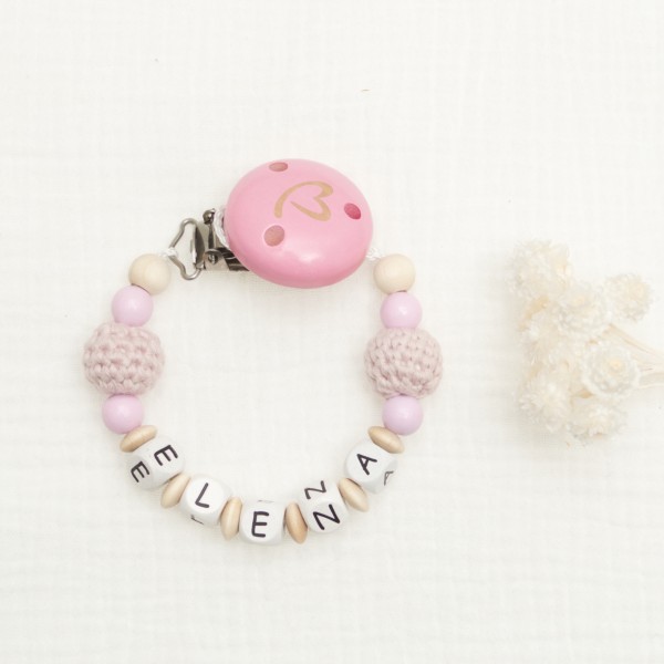 Dummy chain made of wood with crochet bead, pink