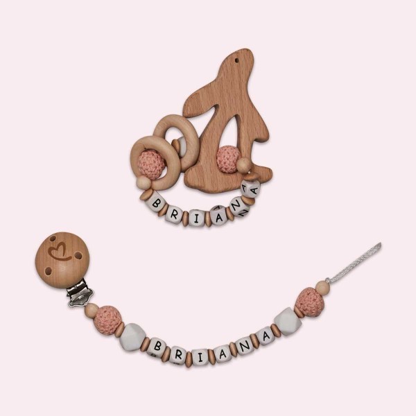 Ensemble 2 pièces, chaîne à lolette et hochet avec perles au crochet, Lapin