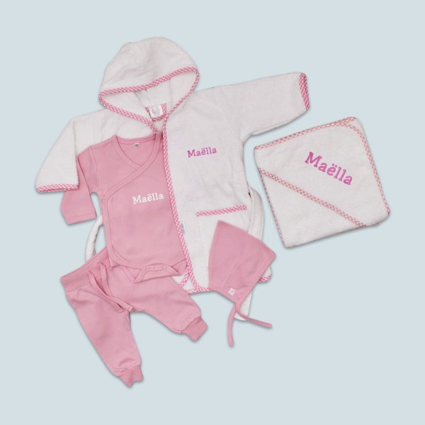 Bademantel & Kapuzentuch mit Babykleidung, Rosa, 1