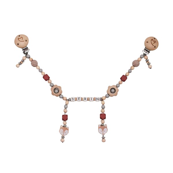 Pram chain, Fox &amp; Wooden flower, personalised