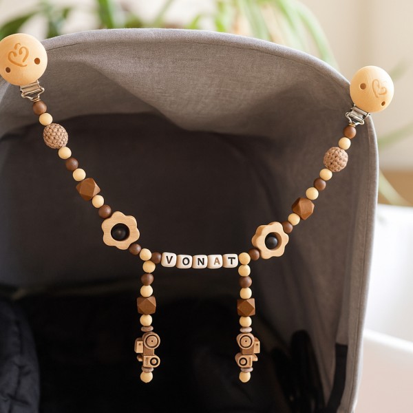 Pram chain, Tractor &amp; Wooden flower, personalised