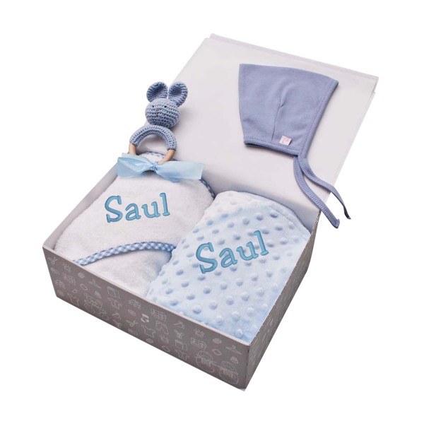 Luxury baby set, clothing, rattle, blanket &amp; hooded towel, blue