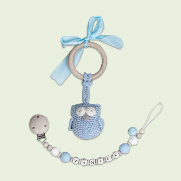 Pacifier Chain And Crochet Owl, Blue