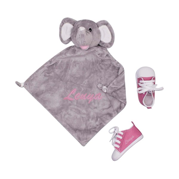 Doudou éléphant &amp; chaussures bébé, bois de rose