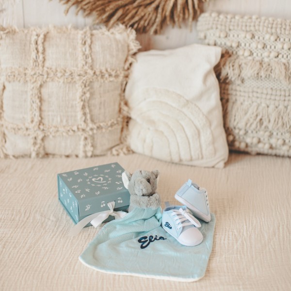 Doudou &amp; chaussures bébé, éléphant et bleu
