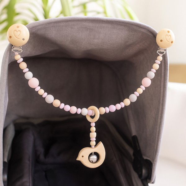 Chaîne d'activités pour poussette, Oiseau & Clochette, rose