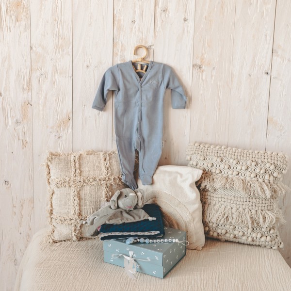 Pyjama, couverture &amp; chaîne à lolette avec éléphant, gris &amp; navy