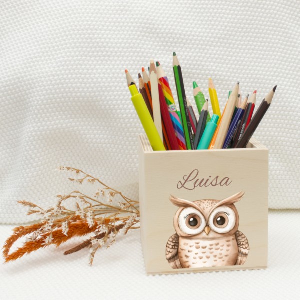 Porte-stylo en bois hibou