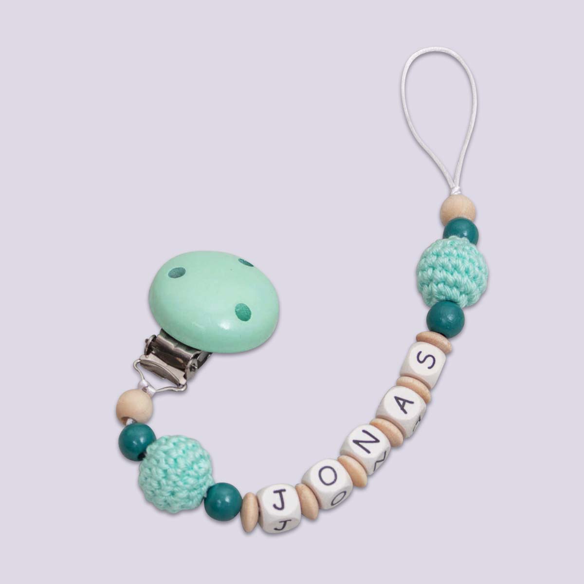Chaîne à lolette en bois avec perle en crochet, menthe | Love Kids