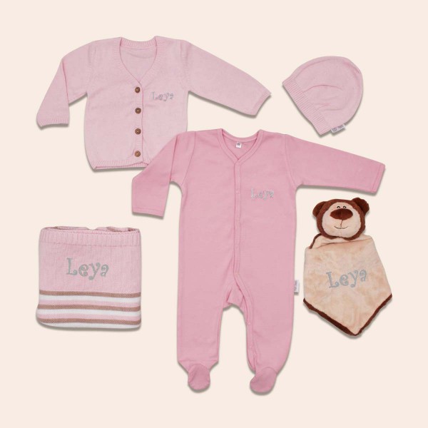 Pyjama, Cardigan, Bonnet &amp; Blanket with Bear, Pink